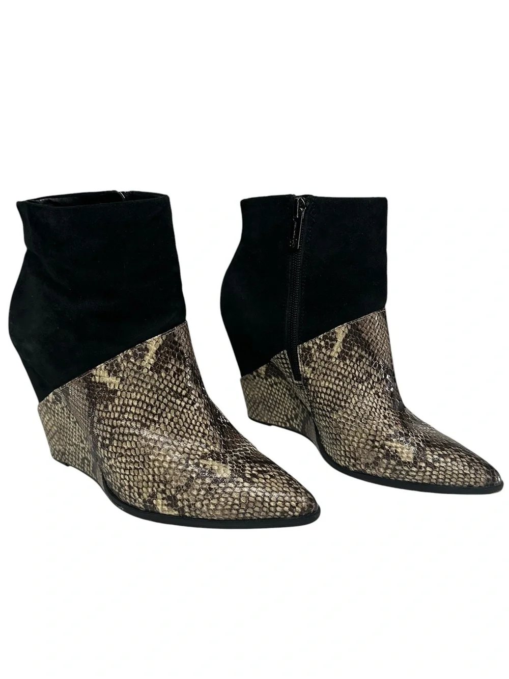 JESSICA SIMPSON / Black & Snake Print Wedge Ankle Booties / Pointed Toe Size 6.5